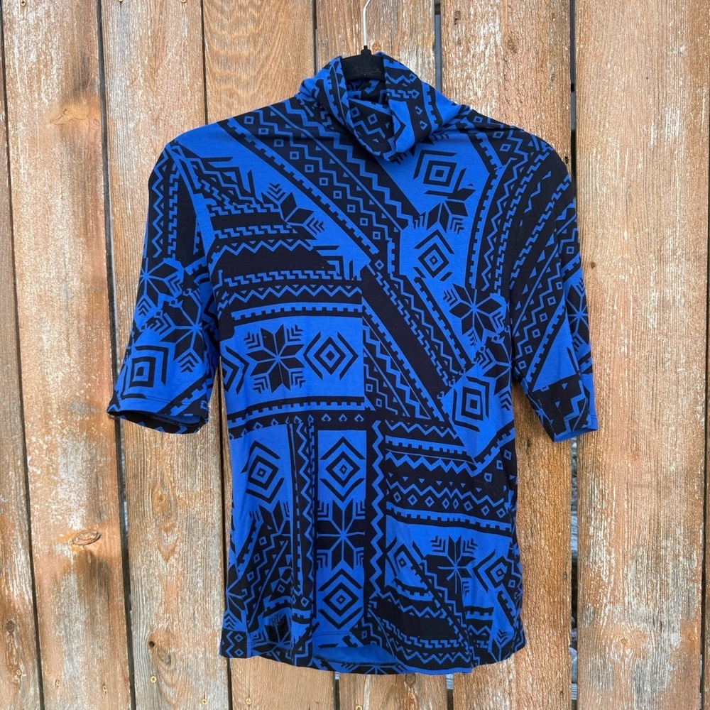 LRL Women’s Blue Black Fair Isle Stretch Jersey Turtleneck Short Sleeve Shirt M